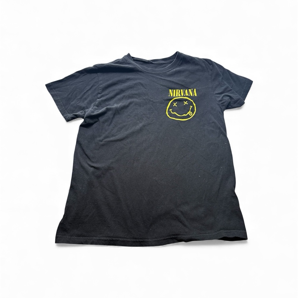 NIRVANA Mens Black Streetwear Tee with Yellow Logo Smiley Face Size Medium